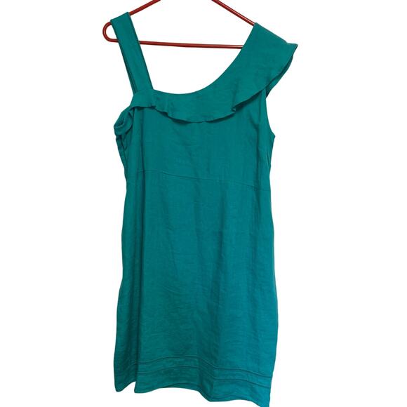 FOIL Women's Turquoise Green Trifecta Ruffle Shoulder 100% Linen Mini Dress 12 - Picture 1 of 5